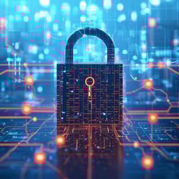 Image of a lock with electronic nodes coming out of the lock to represent security in technology.