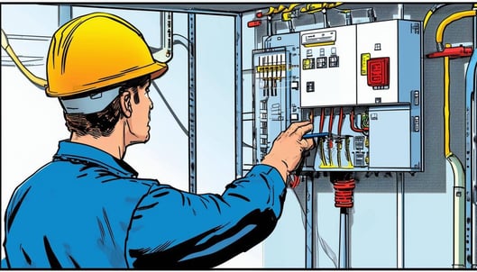 Create an image for Lighting Controls, specifically for an Emergency Lighting Circuit, where there is a technician installing this system