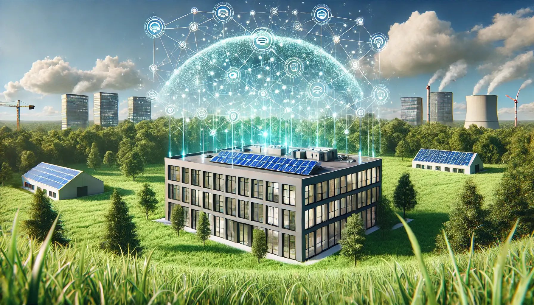  commercial building in a field of green, with a web of nodes connecting over the building, simulating the balance of Building Automation Systems and Sustainability